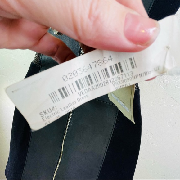 VEDA Tailored Sheath Dress Black Leather Stretch V Neck W/ Sheer Mesh S New - Picture 9 of 10